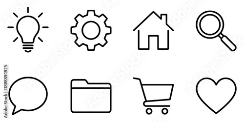 Web and app interface icons: light bulb, gear, home, search, chat bubble, folder, shopping cart, heart Vector Icon Bundle
