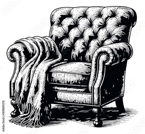 Hand drawn line art illustration of a tufted armchair depicting a cozy blanket draped over it for home comfort