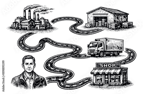 Hand drawn line art supply chain elements set featuring a factory, warehouse, delivery truck, shop, and roads with a businessman for business logistics