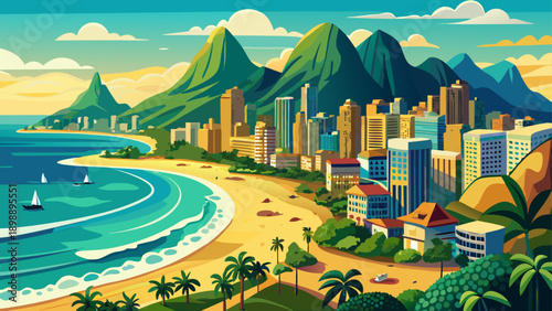 Very beautiful panoramic view of Copacabana and Ipanema beaches in Rio de Janeiro, showcasing golden sand, turquoise ocean, iconic coastline curves, and vibrant urban life under clear tropical sky.