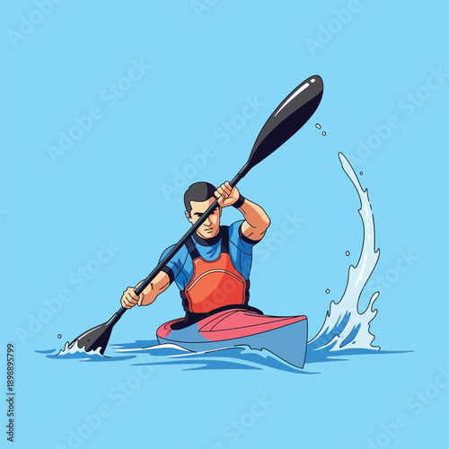 Man paddling a kayak with enthusiasm and skill on calm waters.