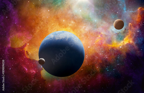 Collage of outer space featuring planet Earth in the foreground with visible atmosphere, the Moon nearby, and Mars in the distance.  Elements of this image furnished by NASA.