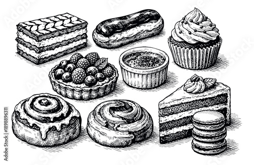 Hand drawn line art dessert set featuring a variety of classic pastries and sweets for bakery and cafe designs