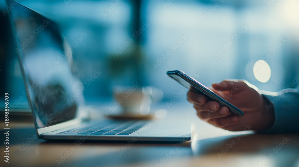 Naklejka premium Person using a smartphone near an open laptop on a wooden desk in a softly lit indoor workspace with a blurred coffee cup in the background