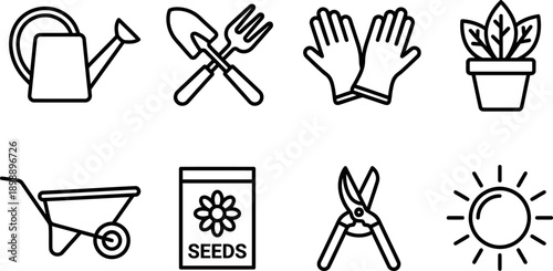 Gardening tools and supplies icons: watering can, trowel, fork, gloves, potted plant, wheelbarrow, seeds, pruners, sun Vector Icon Bundle