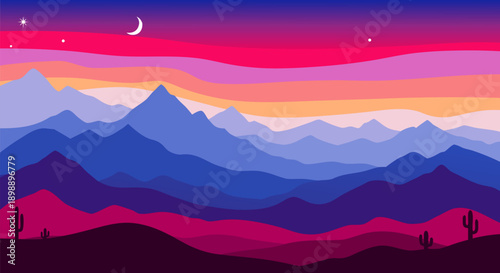 Vibrant vector illustration of a serene desert mountain landscape at dusk with a crescent moon and cactus silhouettes