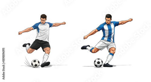 Two soccer players kicking ball in dynamic motion.