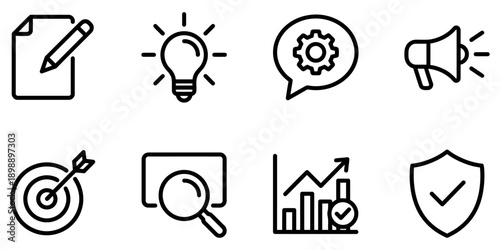 Business strategy and marketing icons: document with pencil, lightbulb, gears in speech bubble, megaphone, target Vector Icon Bundle