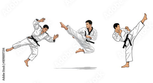 Martial artist performing various karate kicks and movements.