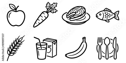 Healthy food icons: apple, carrot, salmon steak, fish, wheat stalk, juice box, banana, cutlery Vector Icon Bundle
