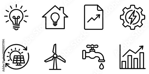 Energy efficiency and utility icons: lightbulb, house with bulb, graph, gear with lightning, solar power, windmill, tap, bar chart Vector Icon Bundle