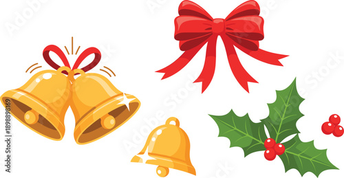 Christmas Bells Red Bow and Holly Leaves Set, Festive Holiday Decoration Flat Vector Illustration