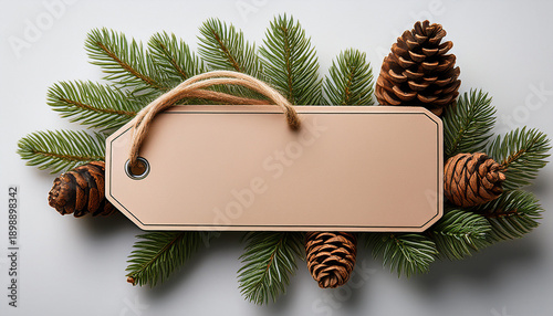 Holiday Tag With Pine And Cones On White Background For Seasonal Greetings And Messages