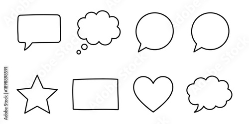 Speech bubble and shape icons: rectangle, thought bubble, circle, star, rectangle, heart, cloud Vector Icon Bundle