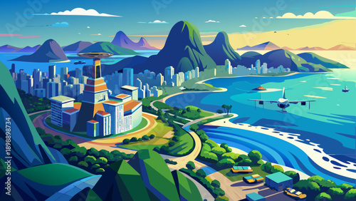 Very beautiful drone view over São Vicente bay with Santos city below, highlighting curved coastline, calm blue waters, urban shoreline, and coastal atmosphere in São Paulo state, Brazil.