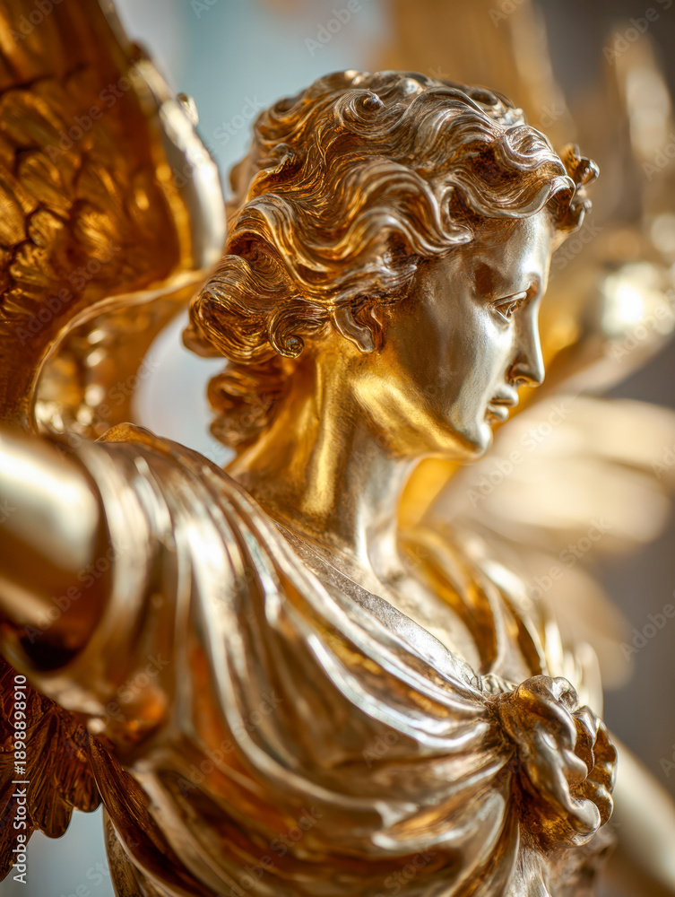 Fototapeta premium Detailed golden sculpture of an angelic figure with flowing hair and expressive features captured in soft natural light with a blurred background environment