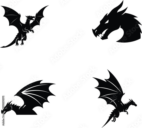 Four black silhouette dragon designs on white background