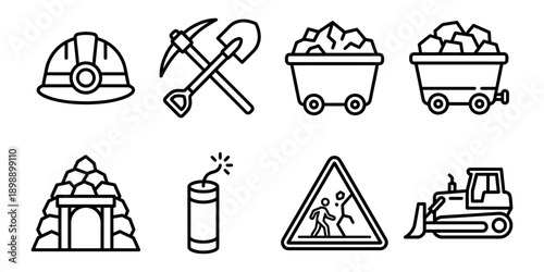 Mining industry icon set with a hard hat, pickaxe, shovel, coal carts, bulldozer, and safety warning sign. Vector Icon Bundle