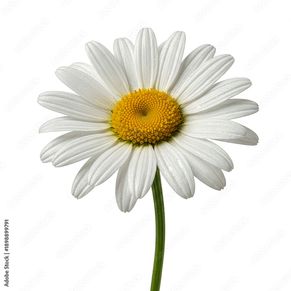 Fototapeta premium Fresh white daisy flower head with water droplets on a green stem on a transparent background