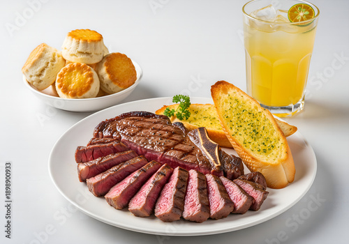 a main dish of London broil steak, a side of 2 pieces of garlic bread, and a dessert of 7 scones. Calamansi juice with lemon zest is the selected beverage., on sold white background