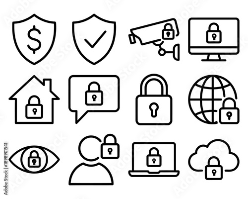 Digital security and privacy icons: shield with dollar, shield with checkmark, surveillance camera, monitor, house, speech bubble, padlock, globe, eye, person, cloud, laptop. Vector Icon Bundle