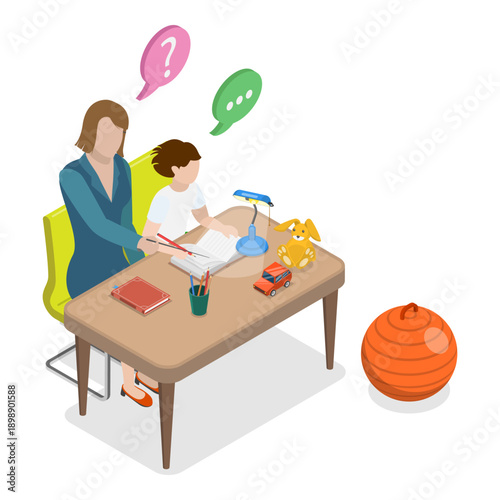 3D Isometric Flat Vector Set of Parents Learning with their Kids, Engaging In Educational Activities Together. Item 4