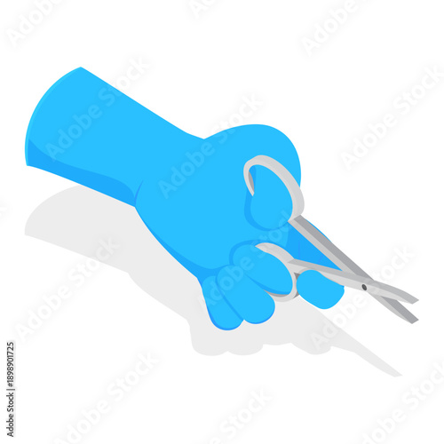 3D Isometric Flat Vector Set of Doctors Hands, Medical Instruments Held by Hands in Blue Sterile Gloves. Item 7
