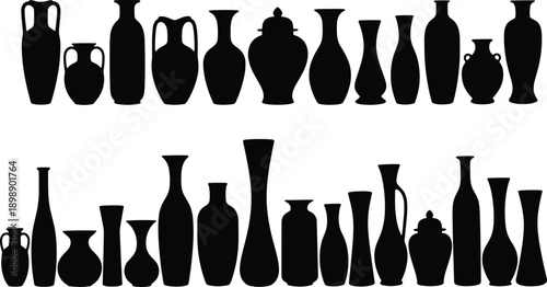 Flat vector illustration of 16 unique silhouette vase and jar designs, perfect for home decor, pottery, and art-related themes high resolution picture
