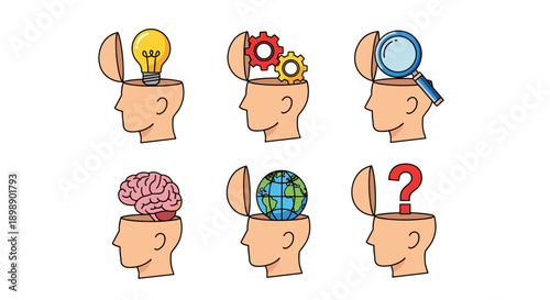 Conceptual illustration of human mind exploration and cognitive processes with diverse symbols inside open heads representing ideas logic learning