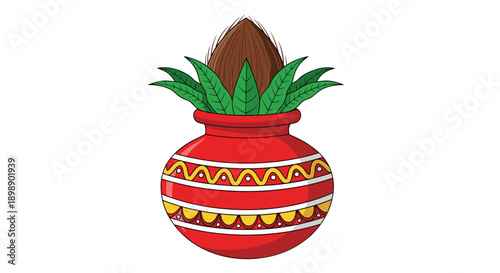 Traditional indian kalash pot adorned with a coconut and mango leaves symbolizing auspiciousness and prosperity for religious ceremonies and festivals