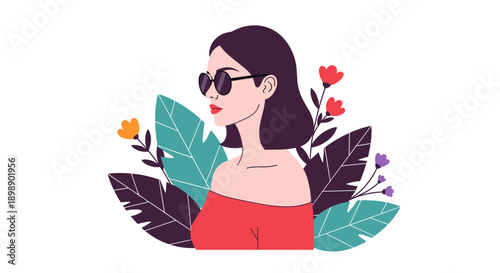 Stylish woman with sunglasses and red top surrounded by lush tropical leaves and vibrant flowers depicted in a modern flat illustration style conveying