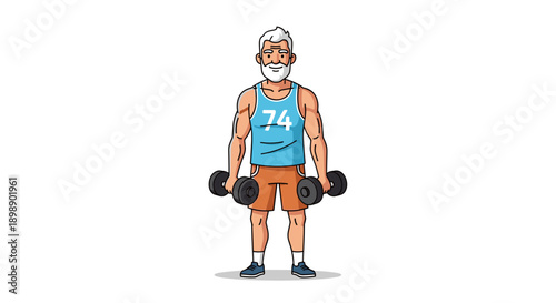 Energetic senior man with beard and glasses wearing a blue tank top and orange shorts holding dumbbells for strength training symbolizing active aging