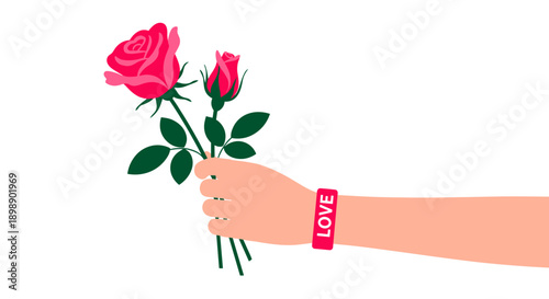 Hand offering vibrant pink roses with a 'love' bracelet symbolizing affection romance and heartfelt emotions against a clean minimalist white background
