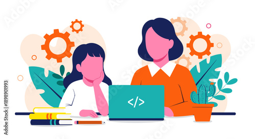 Diverse mother and daughter learning coding together with a laptop displaying code symbols surrounded by educational elements like books and gears