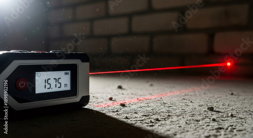 Laser distance meter displaying 15.75 meters measurement on construction site. Professional electronic tool for accurate renovation work.