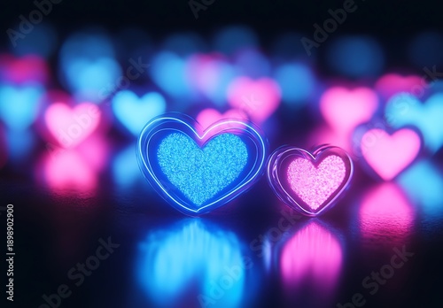 Glowing neon hearts in blue and pink with bokeh background