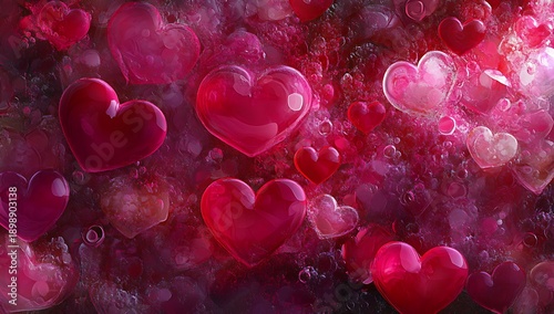 Red and pink hearts background with shiny transparent bubbles