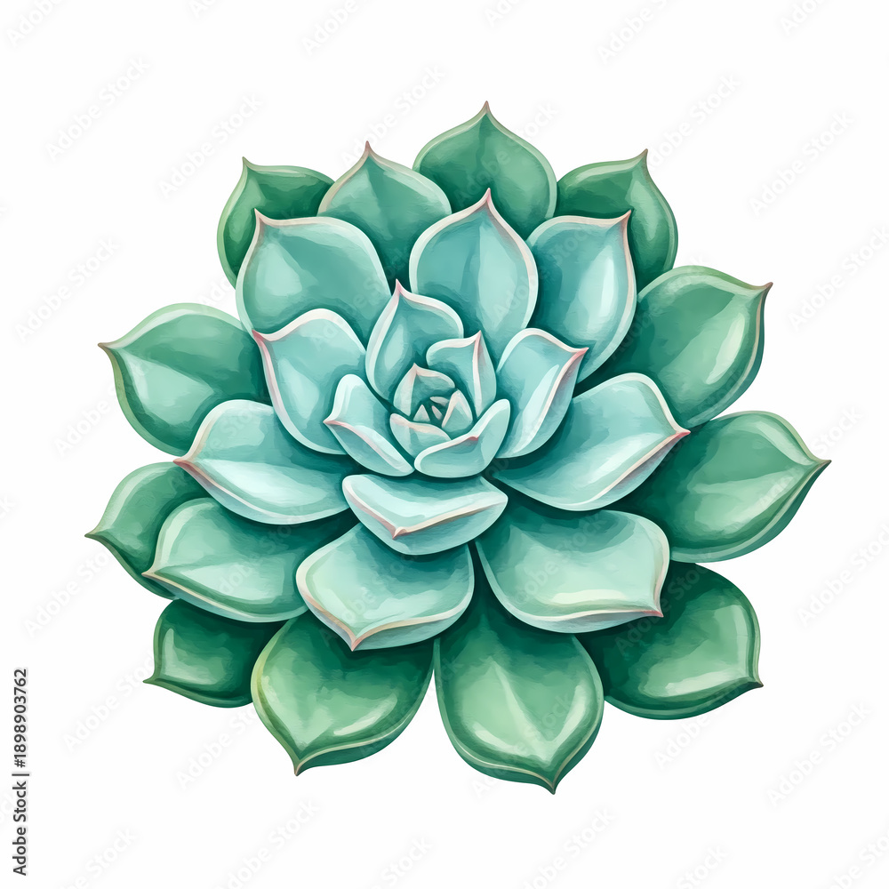 Fototapeta premium Beautiful green succulent plant echeveria top view, botanical illustration of houseplant isolated on white, desert rose nature element
