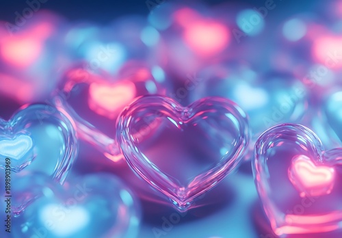 Glowing pink and blue heart shapes on neon background hearts glowing hearts
