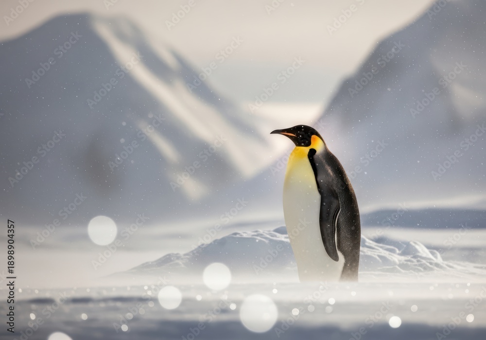 Obraz premium Majestic emperor penguin stands alone in a snowy Antarctic landscape with soft bokeh lights