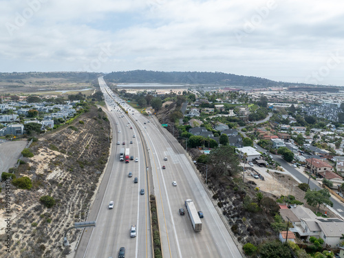 Aerial view of traffic on a highway with a lot of cars in San Diego, California, USA. Highway 5th