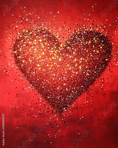 Red heart shape with gold sparkles on red background glitter