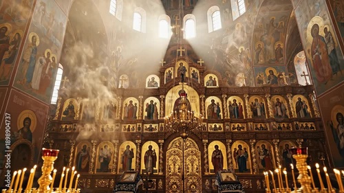 Sunbeams shining through the dome of an Orthodox church. Ornate golden iconostasis with rising incense smoke. Religious architecture and spirituality concept