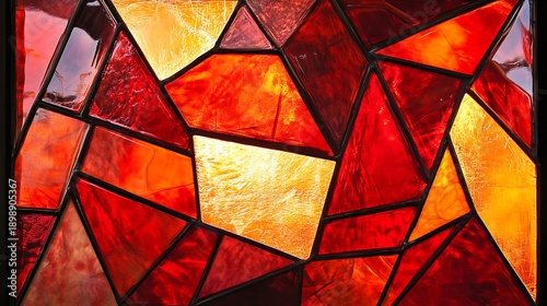 A modern stained glass design with geometric triangles in vibrant red and orange hues 