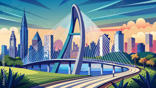 Very beautiful view of Octavio Frias de Oliveira Bridge in São Paulo, highlighting its modern cable-stayed design, sweeping curves, and impressive urban engineering against city skyline.