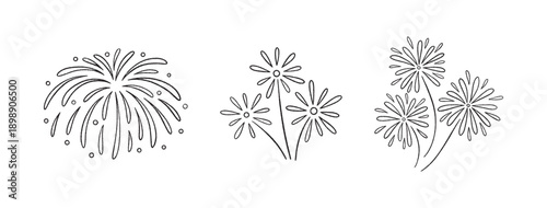 Firework doodles and festive hand drawn firecrackers set. Line art, sketch style celebration icons with stars, sparkles, explosive bursts. For birthday, carnival, holiday events. Vector illustration