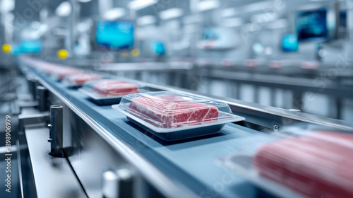 Wallpaper Mural Automated meat packaging production line in a high-tech factory with fresh red meat sealed in plastic trays moving on conveyor belts for distribution Torontodigital.ca