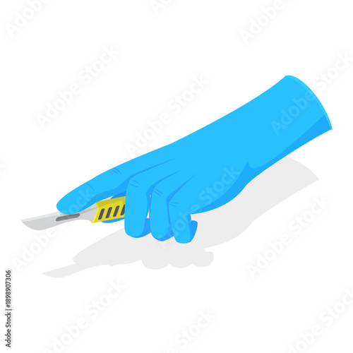 3D Isometric Flat Vector Set of Doctors Hands, Medical Instruments Held by Hands in Blue Sterile Gloves. Item 8
