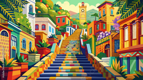 Very beautiful view of the iconic Escadaria Selarón in Rio de Janeiro, featuring colorful mosaic steps, artistic tiles, and vibrant cultural expression with no people present.