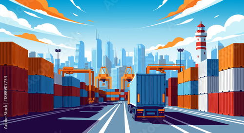 Urban Shipping Port Logistics Vector Illustration with Cargo Containers and Trucks